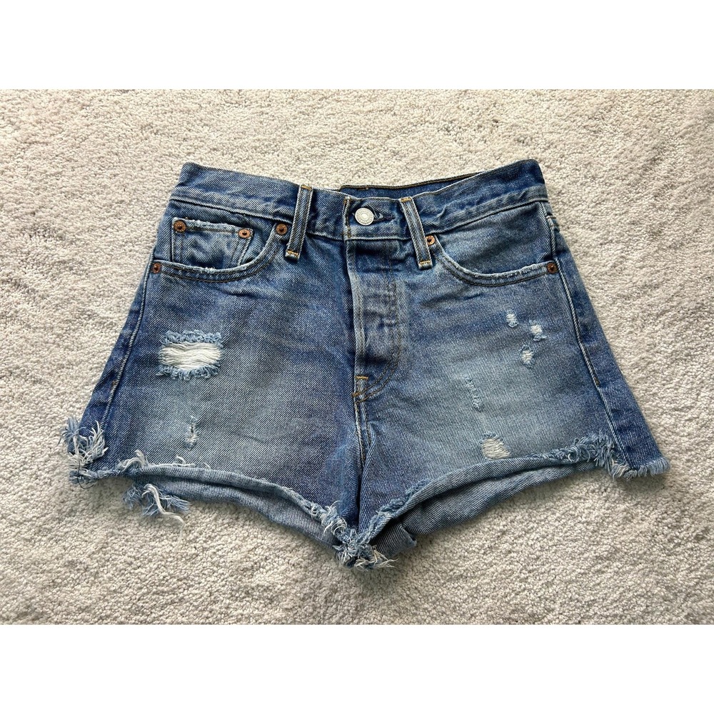 Levis Denim Shorts Womens 25 Blue Distressed High Rise Button Fly‎ Raw Hem Jean